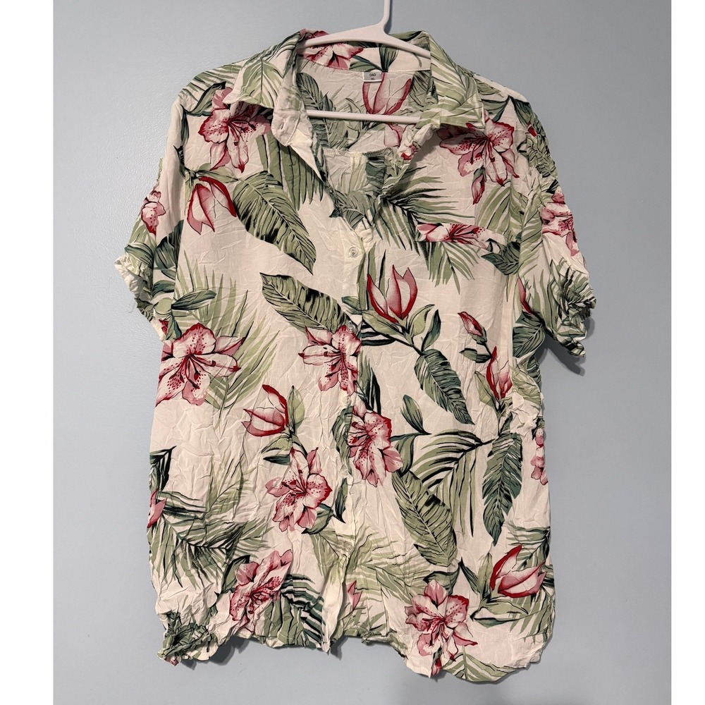 DAD‎ Tropical Floral Cotton Button Down Shirt XL Ivory Green Pink Hibiscus 1059